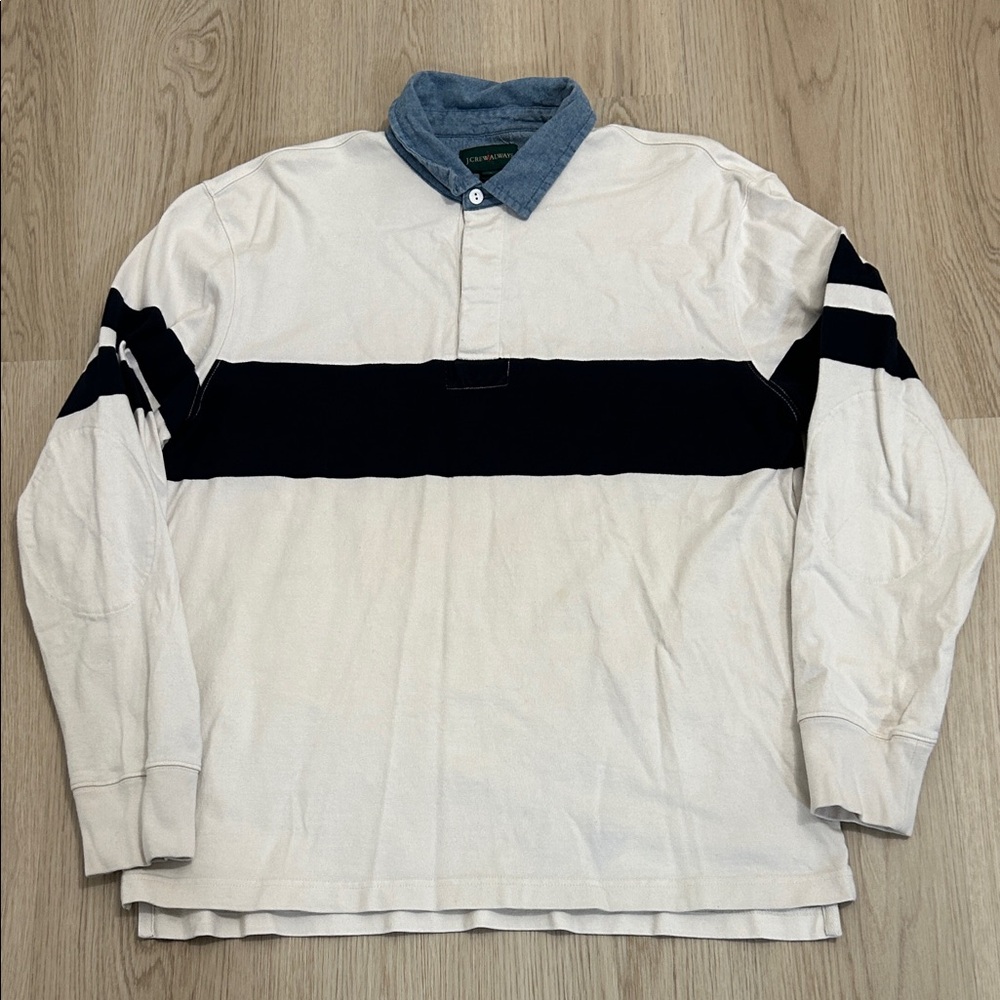 Y2K J.Crew White and Navy Striped Polo rugby with elbow patches size L